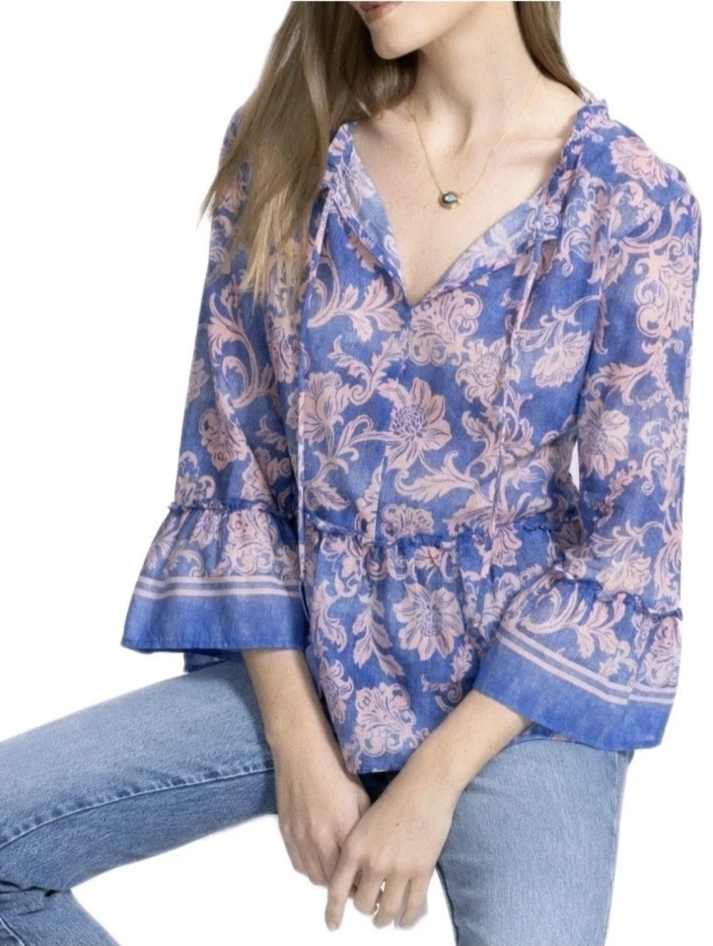 Johnny Was Blouse Ruffle Lake Florentina Blue Pink Floral Size L NEW